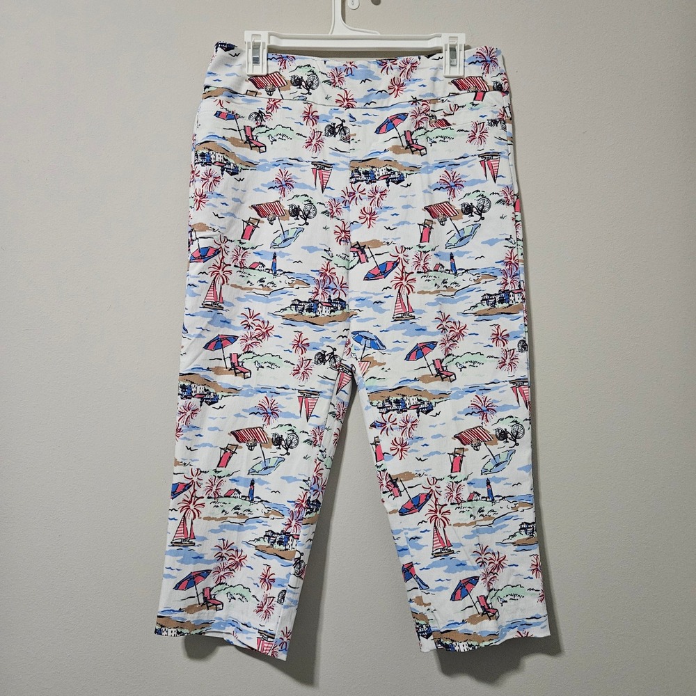 Kim Rogers Womens Beach Print Cropped Pants White Multi Nautical Sailboat Size12